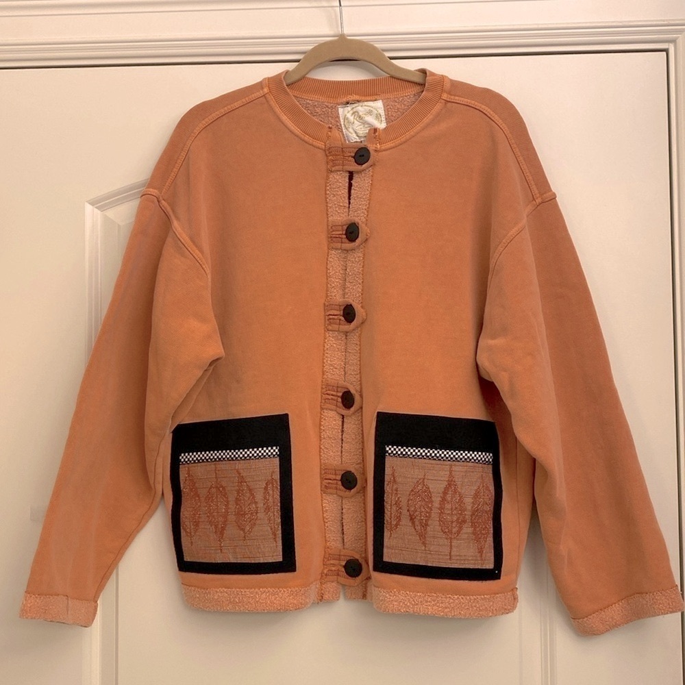 Artsy Quirky knit Sweatshirt Jacket Womens L Pumpkin patch pockets Cozy Soft